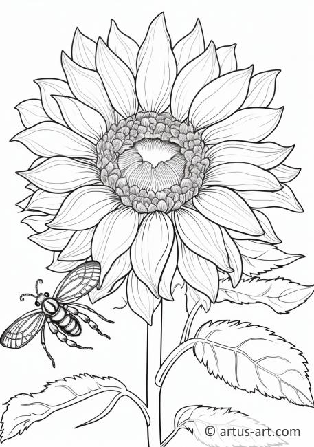 Pagină de colorat cu floarea-soarelui și o albină